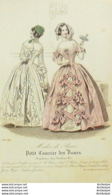 Gravure Mode Courrier des Dames 1844 # 1999 (eau forte old Fashion plate)