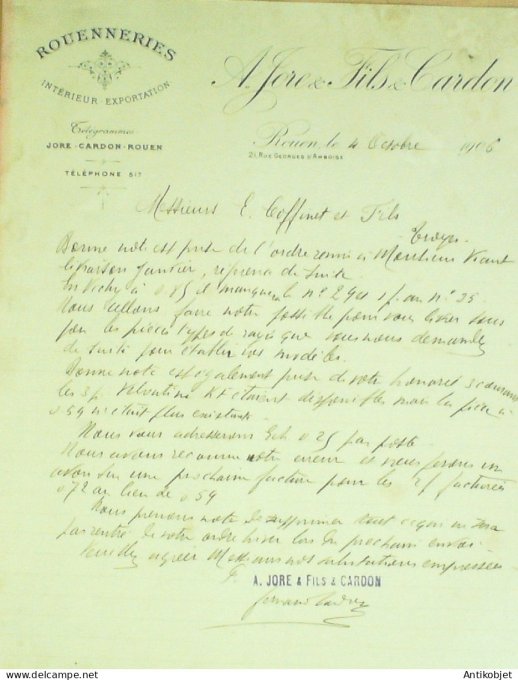 Lettre Ciale A.Jore fils & Cardon (Intérieur exportation) 1906 Rouen (76)