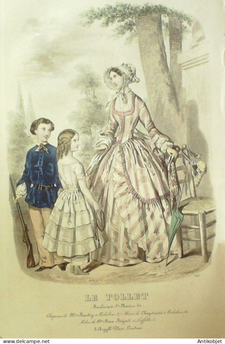 Gravure Mode Le Follet 1849 # 1533 (aquarelle Old Fashion plate)