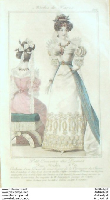 Gravure Mode Courrier des Dames 1825 #  303 (eau forte old Fashion plate)