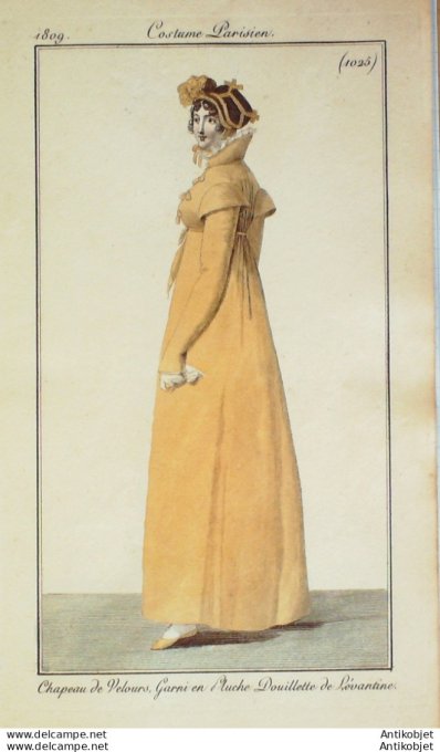 Gravure de mode Costume Parisien 1809 n°1025 Douillette de Lévantine
