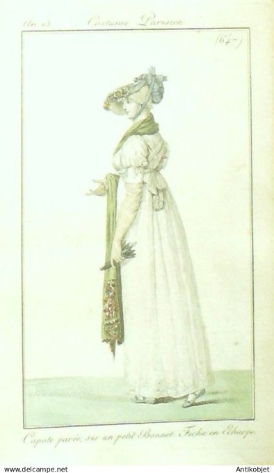Costume Parisien 1805 an 13 # 647 (eau forte) Fichu en écharpe  capote parée