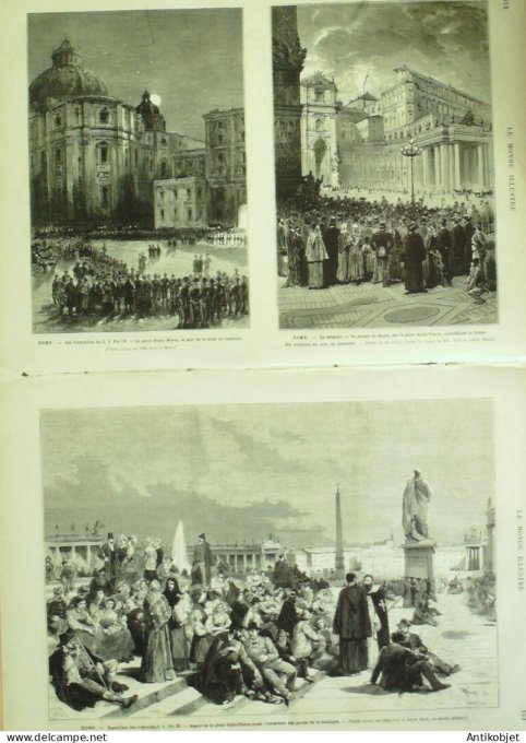 Le Monde illustré 1878 n°1092 Charles Daubigny Peintre Italie Rome Pie IX Funérailles Sfumata Espagn