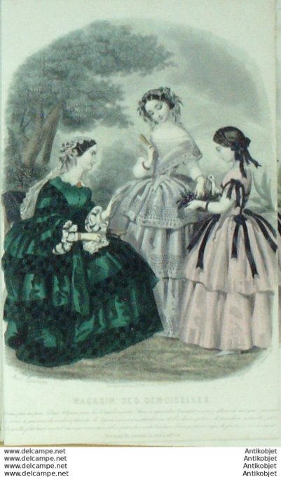 Gravure Mode Magasin Demoiselles 1855 #  9 (aquarellee Old Fashion plate)