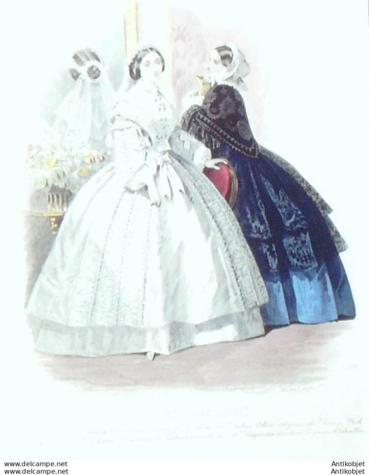 Gravure Les Modes Parisiennes 1855 # 733 Robe de Mariée Maison Fauvet