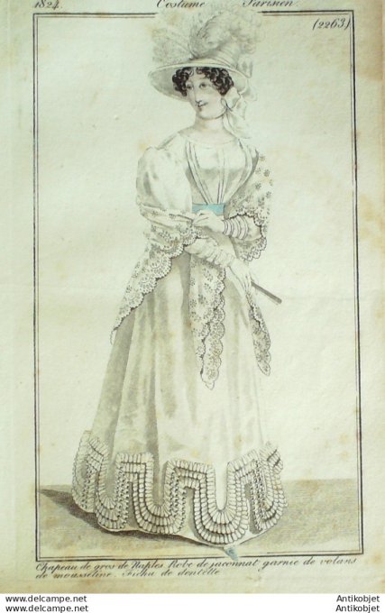 Gravure de mode Costume Parisien 1824 n°2263 Robe de Jaconnat fichu de dentelle