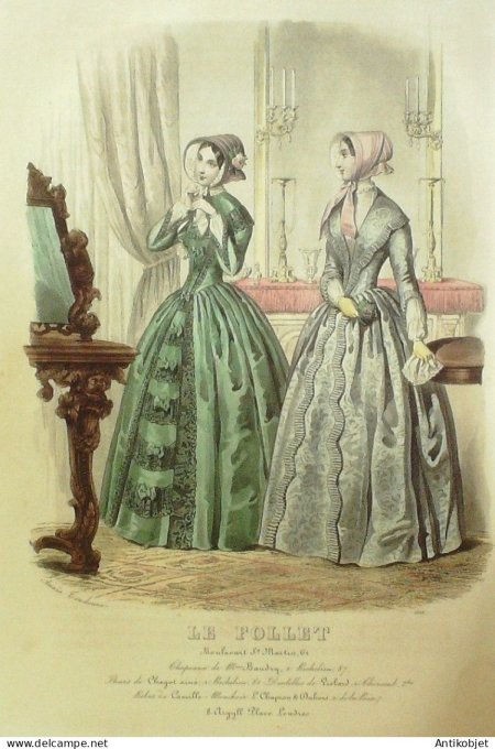 Gravure Mode Le Follet 1849 # 1523 (aquarelle Old Fashion plate)