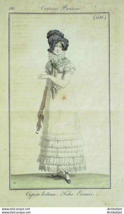 Gravure de mode Costume Parisien 1815 n°1486 Capote boiteuse Fichu écossais