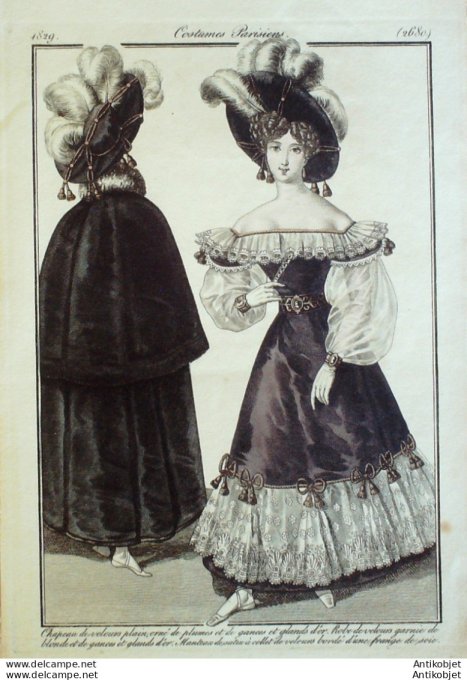 Gravure de mode Costume Parisien 1829 n°2680 Robe velours glands or Manteau de soie