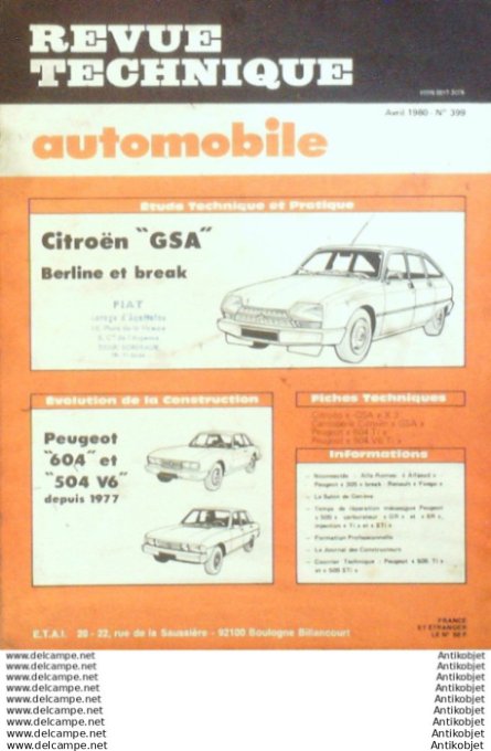 R.T Automobile Citroën Gsa Peugeot 504 & 604 V6   # 399