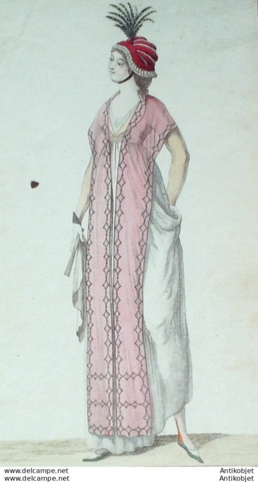 Gravure de mode Costume Parisien 1797 n° 02 (An 5) Spencer Pardessus robe Schall