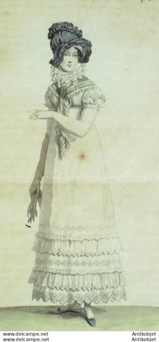 Gravure de mode Costume Parisien 1815 n°1486 Capote boiteuse Fichu écossais