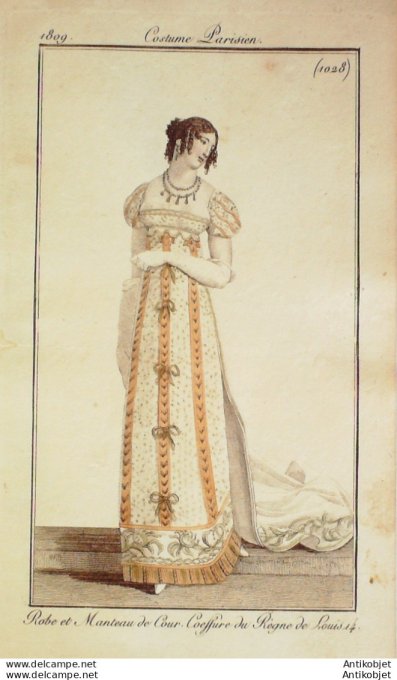 Gravure de mode Costume Parisien 1809 n°1028 Robe & manteau de cour