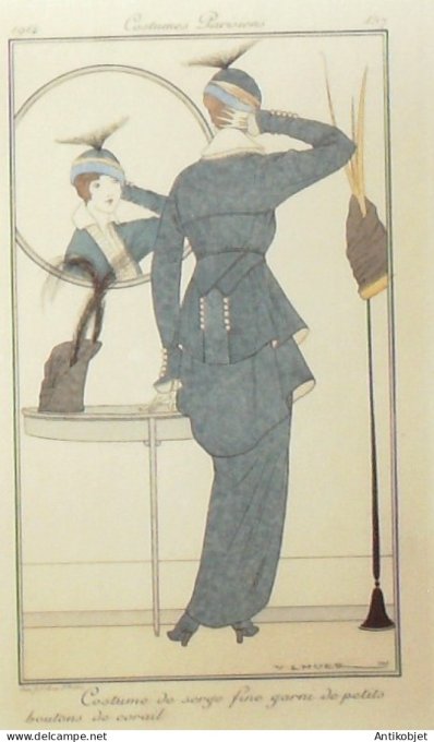 Gravure de mode Costume Parisien 1914 pl.157b LHUER Victor Costume de serge