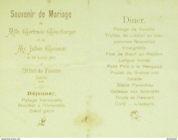 Menu illustre de noce Hôtel du Faucon Liestal (Suisse) 1902