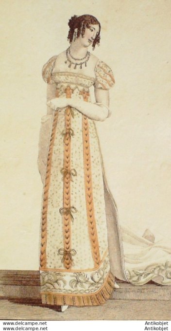 Gravure de mode Costume Parisien 1809 n°1028 Robe & manteau de cour