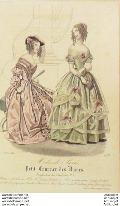 Gravure Mode Courrier des Dames 1844 # 1988 (eau forte old Fashion plate)