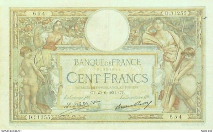 Billet Banque de France 100 francs Luc Olivier Merson Grands Cartouches CT.25=6=1931 TTB+++