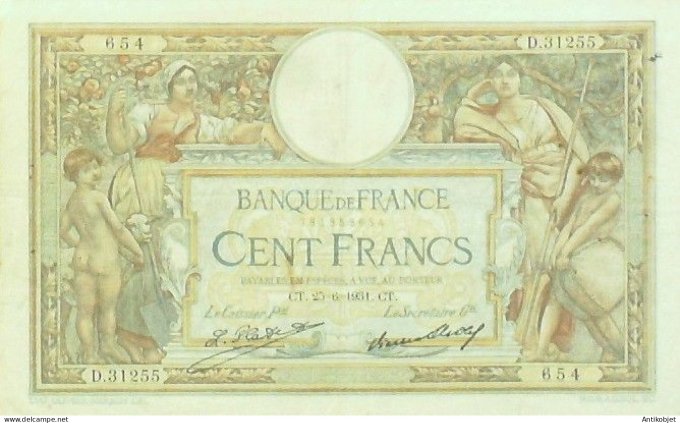 Billet Banque de France 100 francs Luc Olivier Merson Grands Cartouches CT25=6=1931 TTB+++
