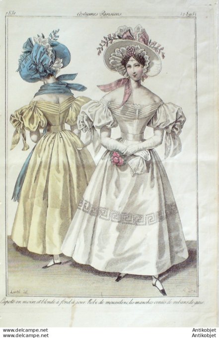 Gravure de mode Costume Parisien 1831 n°2895 Robe mousseline manches ornées
