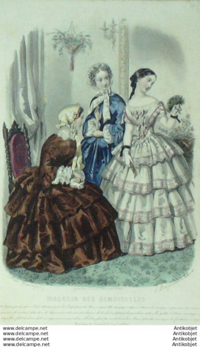 Gravure Mode Magasin Demoiselles 1854 #  9 (aquarellee Old Fashion plate)