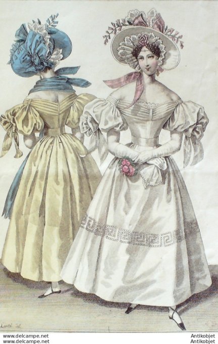 Gravure de mode Costume Parisien 1831 n°2895 Robe mousseline manches ornées