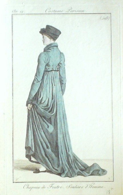 Gravure Mode Costume Parisien 1803 an 11 # 518 (eau forte old Fashion plate