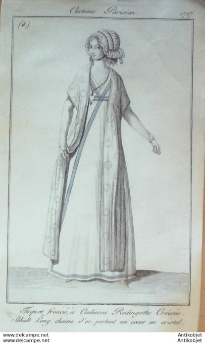 Gravure de mode Costume Parisien 1797 n° 04 (An 5) Redingotte croisée