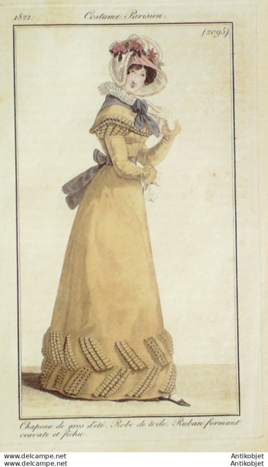 Gravure de mode Costume Parisien 1822 n°2095 Robe de toile  cravate et fichu