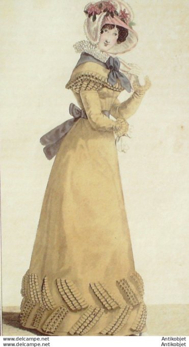 Gravure de mode Costume Parisien 1822 n°2095 Robe de toile  cravate et fichu