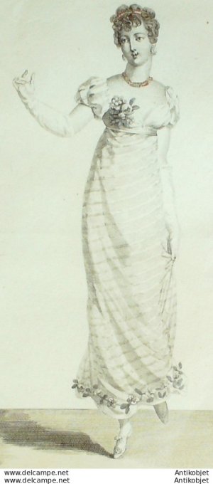 Gravure de mode Costume Parisien 1809 n° 962 Robe de gaze raies de satin