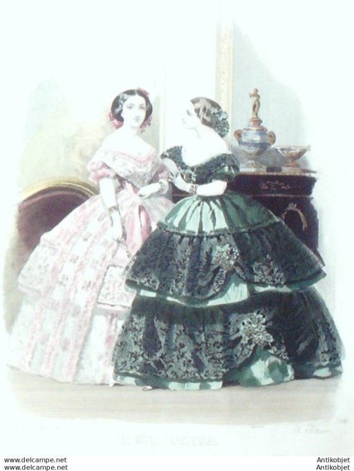 Gravure Les Modes Parisiennes 1855 # 734 Robes de gros de Naples Maison Fauvet