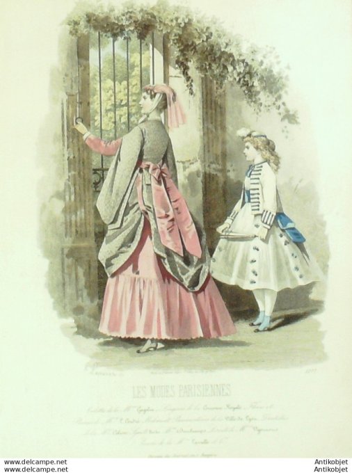 Gravure Les Modes Parisiennes 1865 #1277 Robes de satin Maison Cagelin