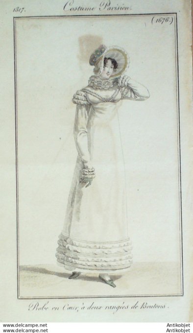 Gravure de mode Costume Parisien 1817 n°1676 Robe en coeur à deux rangées