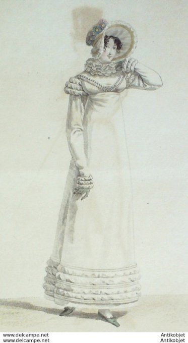 Gravure de mode Costume Parisien 1817 n°1676 Robe en coeur à deux rangées