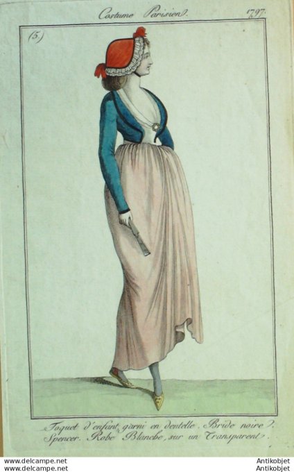 Gravure de mode Costume Parisien 1797 n° 05 (An 5) Bride noire Spencer Robe blanche