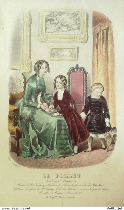 Gravure Mode Le Follet 1849 # 1512 (aquarelle Old Fashion plate)