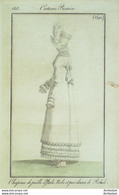 Gravure de mode Costume Parisien 1815 n°1491 Robe et pardessus de perkale