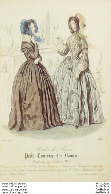 Gravure Mode Courrier des Dames 1844 # 1985 (eau forte old Fashion plate)