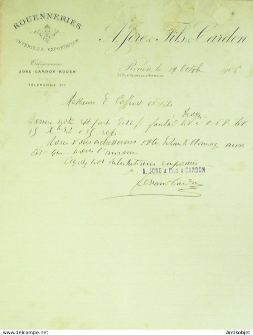 Lettre Ciale A.Jore fils & Cardon (Intérieur exportation) 1906 Rouen (76) 2