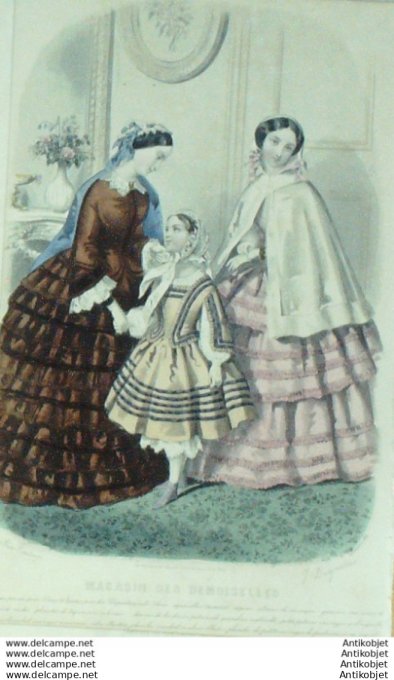 Gravure Mode Magasin Demoiselles 1854 # 10 (aquarellee Old Fashion plate)