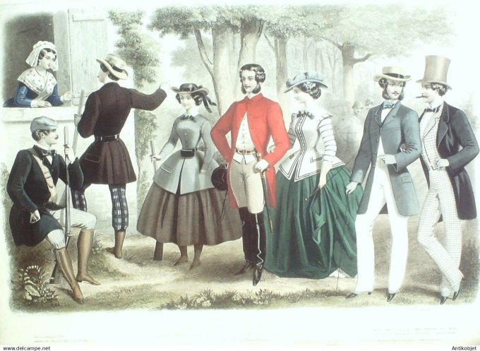 Gravure de Mode originale Le Progres 1857 # 92 (Maison Desprey) Costumes chasse Amazone