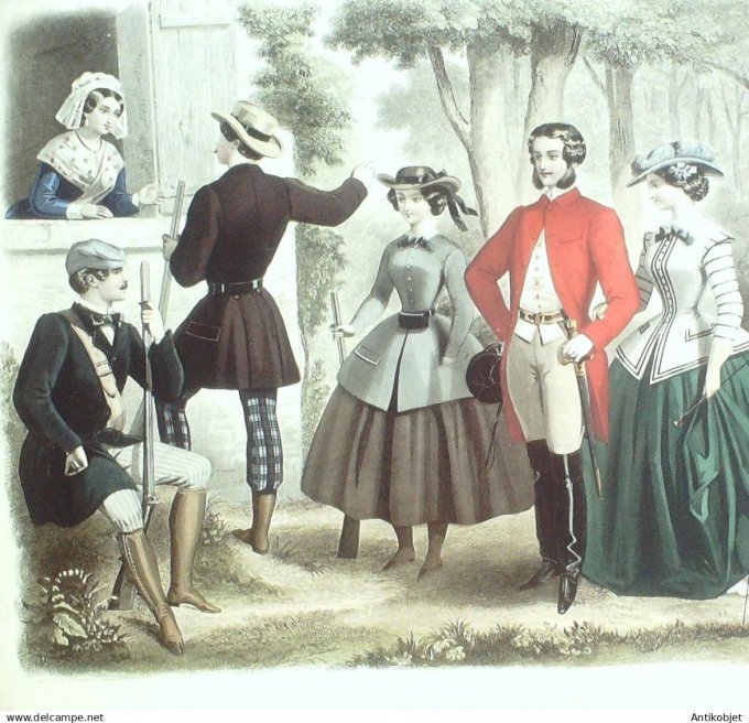 Gravure de Mode originale Le Progres 1857 # 92 (Maison Desprey) Costumes chasse Amazone