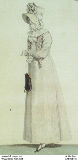 Gravure de mode Costume Parisien 1815 n°1493 Robe du matin Capote de paille