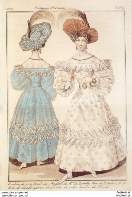 Gravure de mode Costume Parisien 1829 n°2681 Robe de blonde garnie