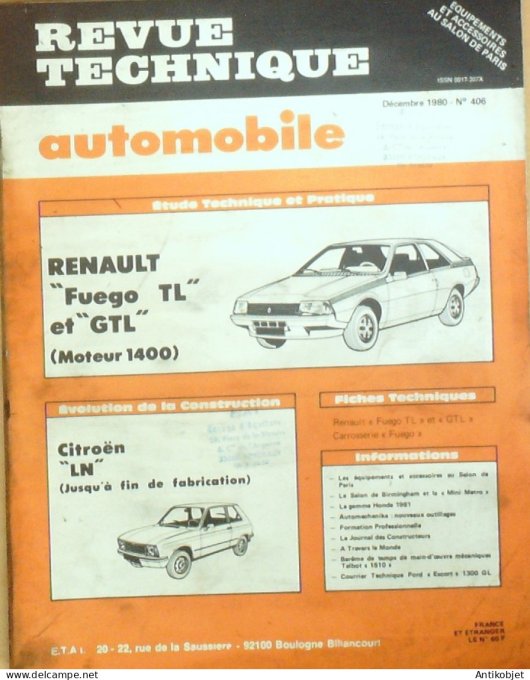 Revue Tech. Automobile 1980 n°406 Citroen LN Renault Fuego TL 1400