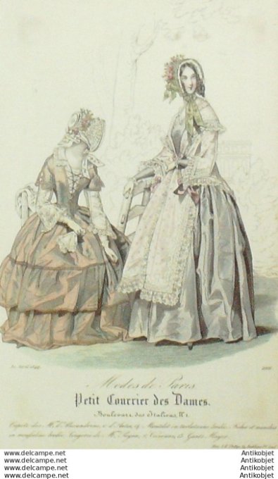 Gravure Mode Courrier des Dames 1844 # 2011 (eau forte old Fashion plate)