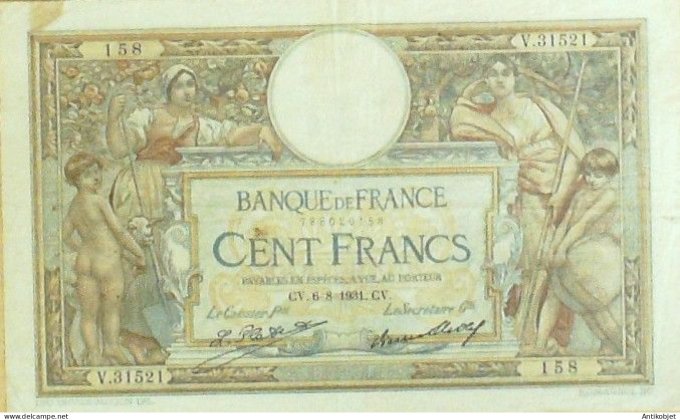 Billet Banque de France 100 francs Luc Olivier Merson Grands Cartouches CV6=8=1931 TTB++