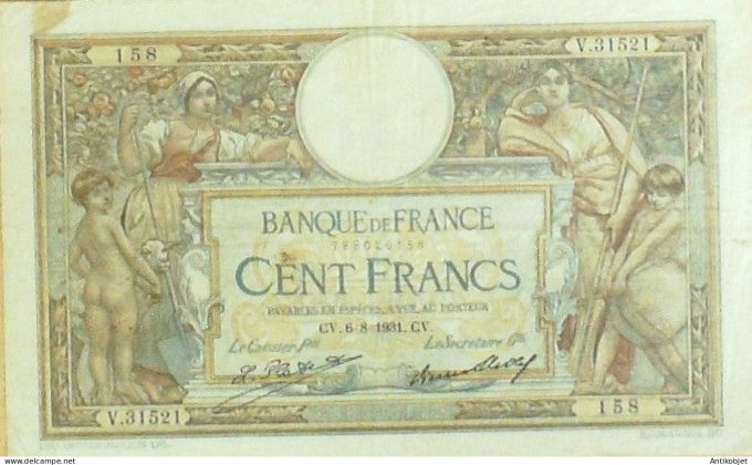 Billet Banque de France 100 francs Luc Olivier Merson Grands Cartouches CV.6=8=1931 TTB++