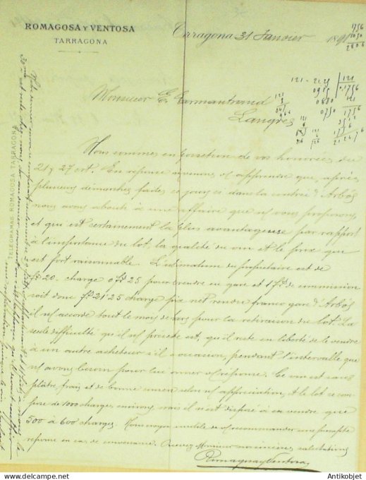 Lettre Ciale Romagosa Y Ventosa (grossiste vins) 1891 à Tarragona Espagne
